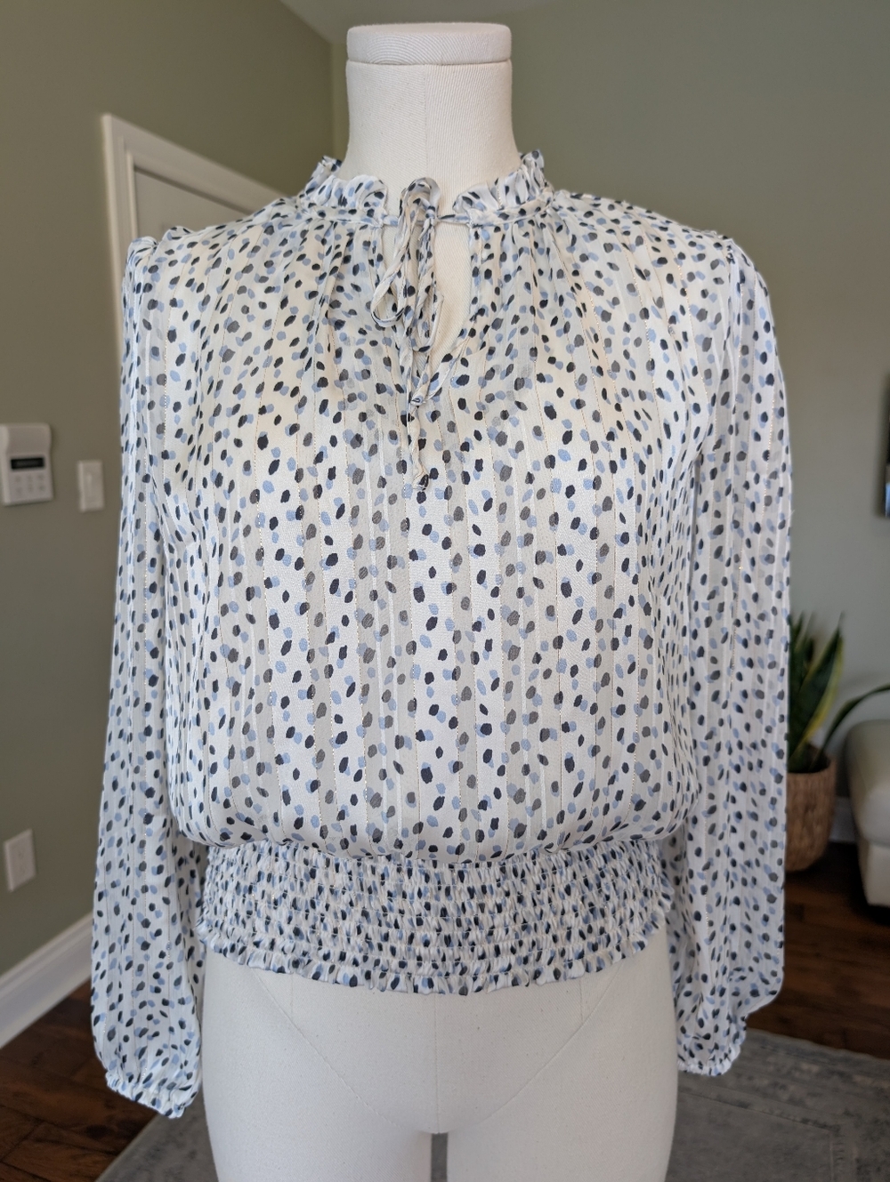 Laura Petites Women's Sheer Blouse Abstract Dot Gold Thread Puffy Sleeve PS